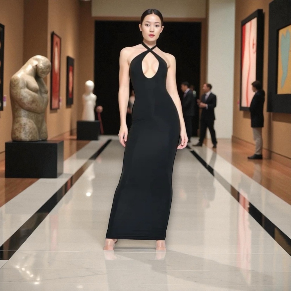 SKIMS Soft Lounge Plunge Halter Long Dress – Onyx (Size XXS) 🖤